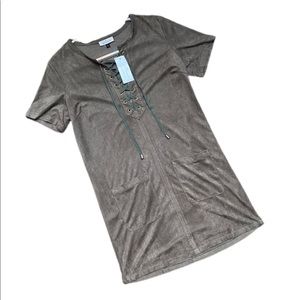 GIRL OBSESSED Suede Short Sleeve Lace Up Dress